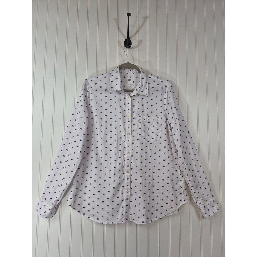 Gap Fitted Boyfriend Shirt Women White Purple Pink Clip Dot Button Down Size L